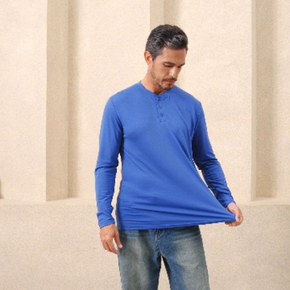Men's Big Tall Henley T-Shirts Long Sleeve Cotton Blend Loose Fit Casual - Picture 8 of 8